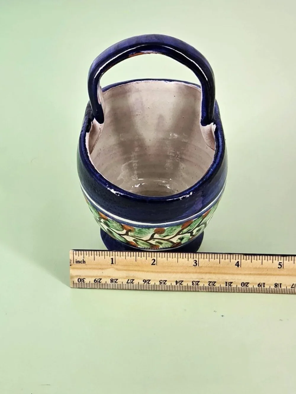 1990s Handmade Mexican Pottery Mini Handled Basket Succulent Planter Leaf Design